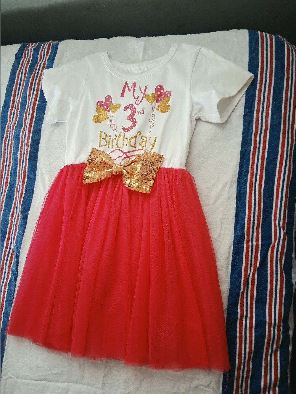 My 3rd Birthday Red Tulle Dress with Gold Sequin Bow